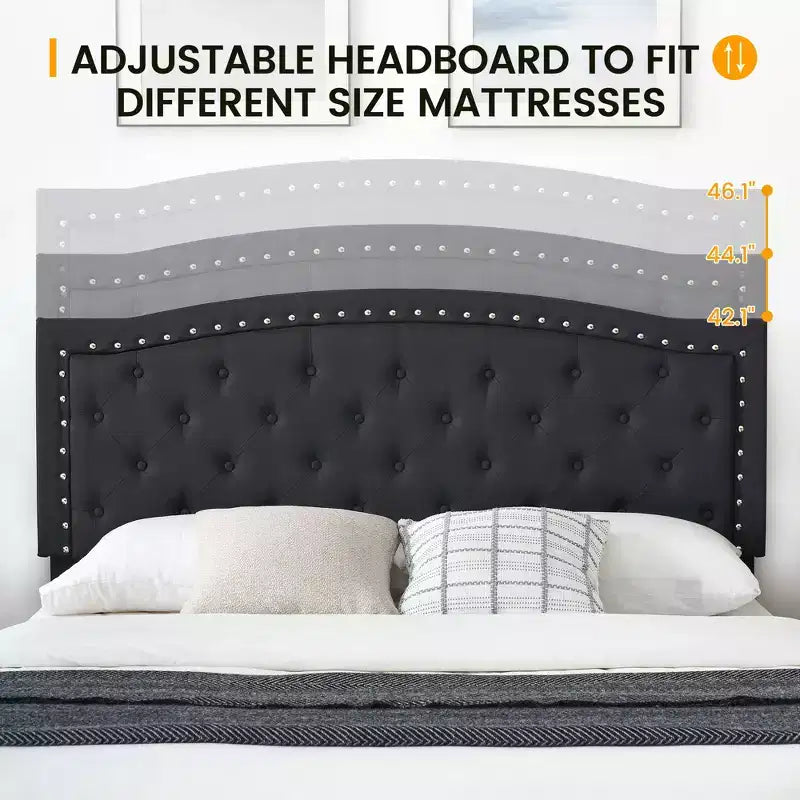 Estructura de cama con cabecero ajustable, diseño capitoné con botones y soporte de láminas de madera; no necesita somier, fácil de montar
