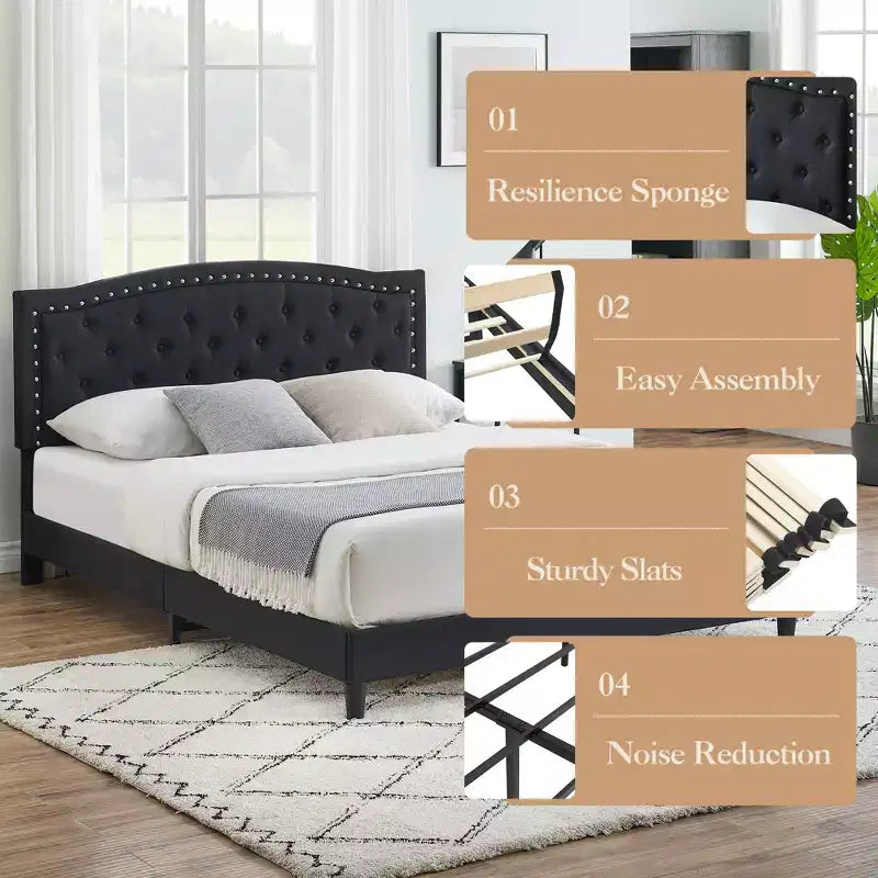 Bettrahmen mit verstellbarem Kopfteil, Knopfheftung, Holzlattenrost, kein Boxspringbett erforderlich, einfache Montage