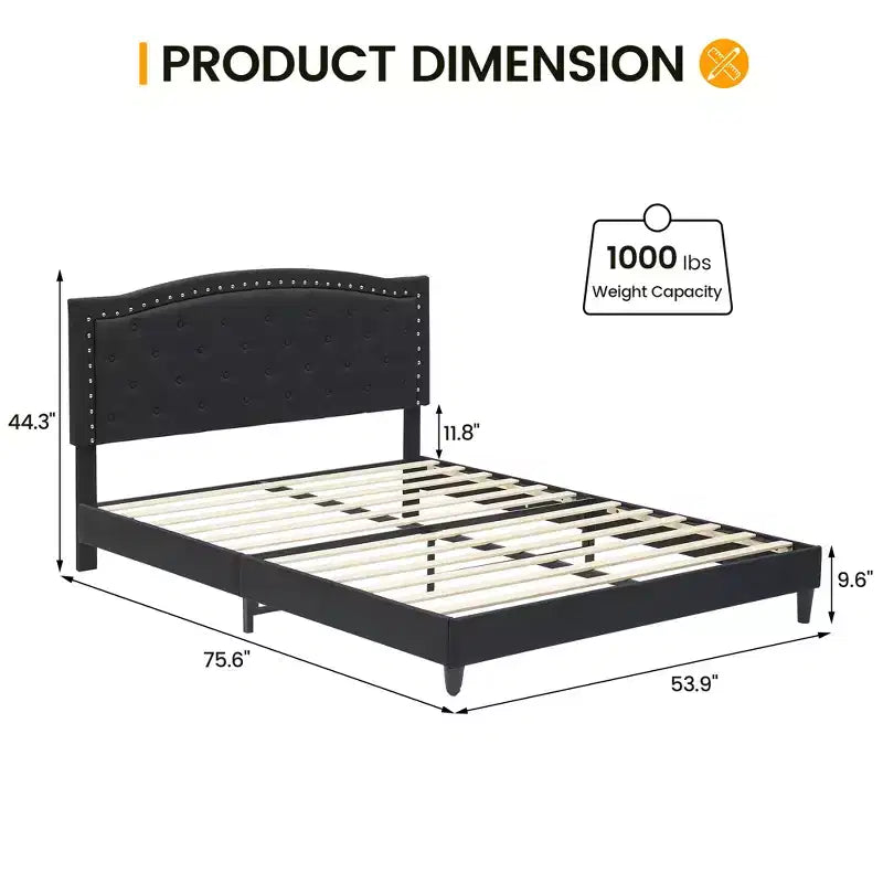 Bettrahmen mit verstellbarem Kopfteil, Knopfheftung, Holzlattenrost, kein Boxspringbett erforderlich, einfache Montage