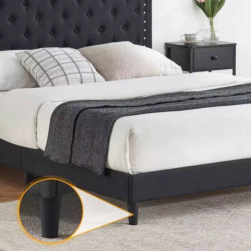 Bettrahmen mit verstellbarem Kopfteil, Knopfheftung, Holzlattenrost, kein Boxspringbett erforderlich, einfache Montage