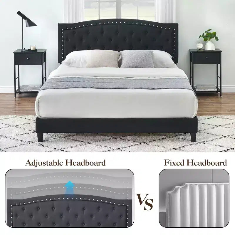 Bettrahmen mit verstellbarem Kopfteil, Knopfheftung, Holzlattenrost, kein Boxspringbett erforderlich, einfache Montage