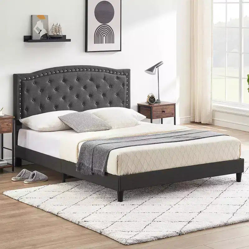 Estructura de cama con cabecero ajustable, diseño capitoné con botones y soporte de láminas de madera; no necesita somier, fácil de montar
