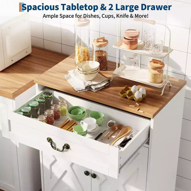Armario de cafetería de estilo rústico con 2 puertas y cajón, aparador de almacenamiento para cocina, estante ajustable, capacidad de 150 LB, fácil de montar, para comedor
