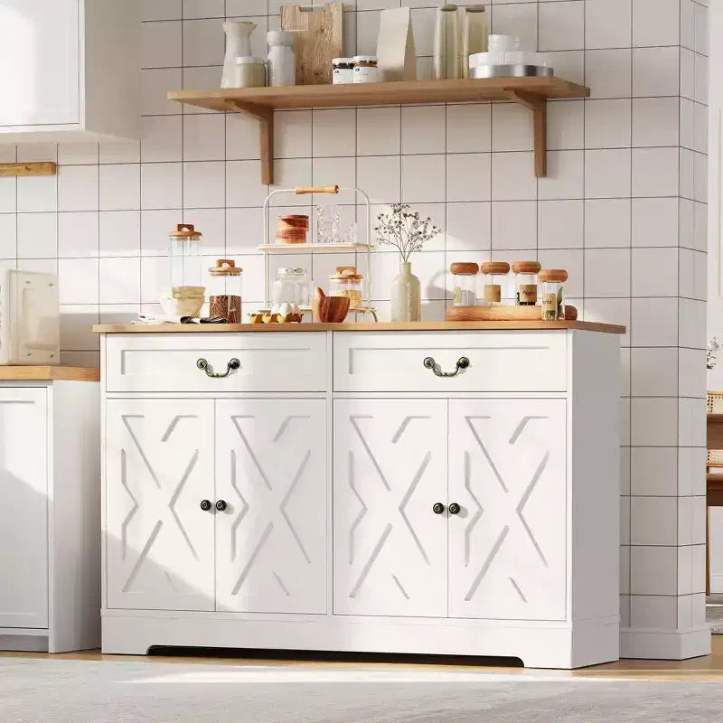 Armario de cafetería de estilo rústico con 2 puertas y cajón, aparador de almacenamiento para cocina, estante ajustable, capacidad de 150 LB, fácil de montar, para comedor
