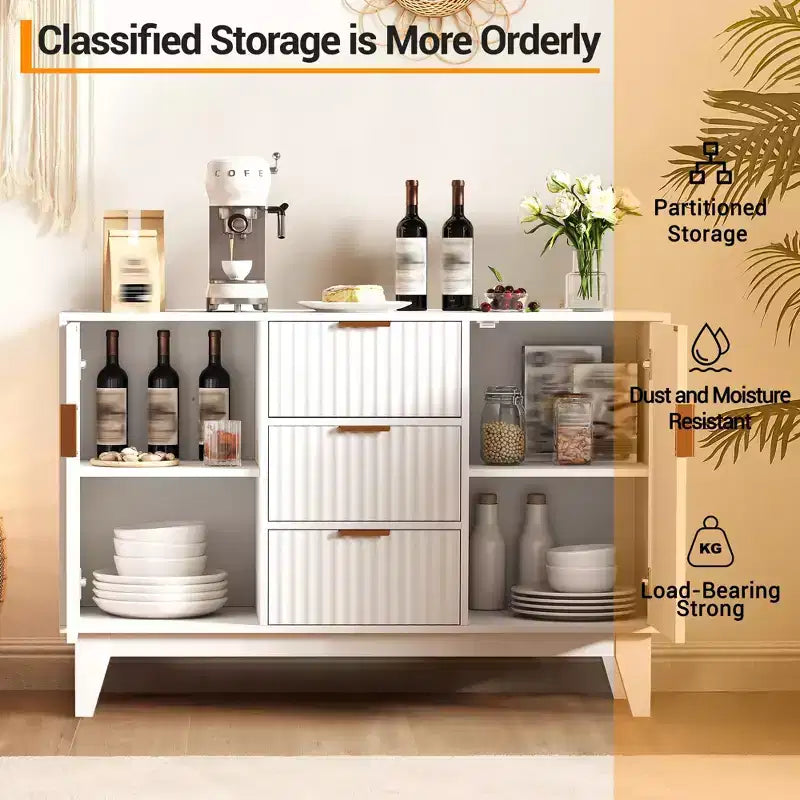 Sideboard mit geriffelter Front, großes Akzent-Kaffeeschrankmöbel, 47.2 Zoll, mit 3 Schubladen und 2 Türen für Küche, Wohnzimmer und Eingangsbereich