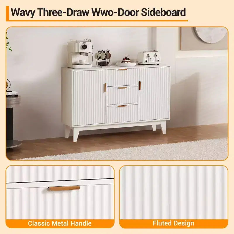 Sideboard mit geriffelter Front, großes Akzent-Kaffeeschrankmöbel, 47.2 Zoll, mit 3 Schubladen und 2 Türen für Küche, Wohnzimmer und Eingangsbereich