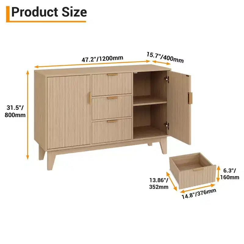 Sideboard mit geriffelter Front, großes Akzent-Kaffeeschrankmöbel, 47.2 Zoll, mit 3 Schubladen und 2 Türen für Küche, Wohnzimmer und Eingangsbereich