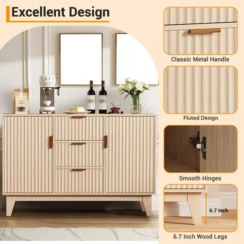 Sideboard mit geriffelter Front, großes Akzent-Kaffeeschrankmöbel, 47.2 Zoll, mit 3 Schubladen und 2 Türen für Küche, Wohnzimmer und Eingangsbereich
