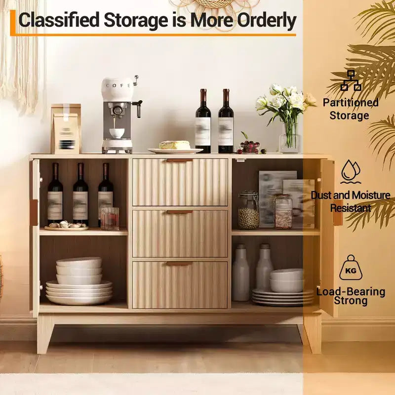 Sideboard mit geriffelter Front, großes Akzent-Kaffeeschrankmöbel, 47.2 Zoll, mit 3 Schubladen und 2 Türen für Küche, Wohnzimmer und Eingangsbereich