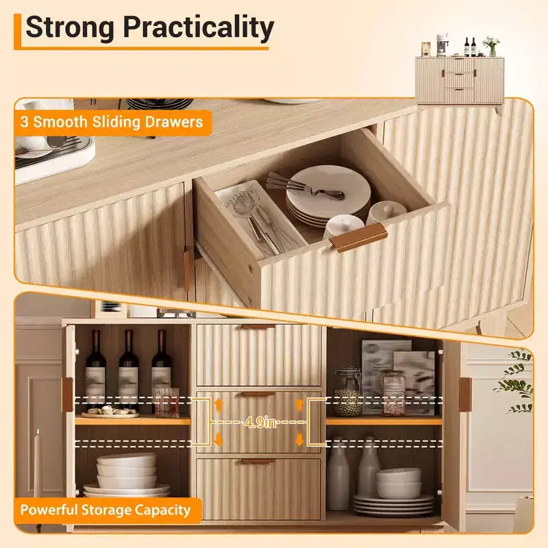 Sideboard mit geriffelter Front, großes Akzent-Kaffeeschrankmöbel, 47.2 Zoll, mit 3 Schubladen und 2 Türen für Küche, Wohnzimmer und Eingangsbereich