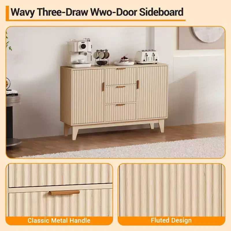 Sideboard mit geriffelter Front, großes Akzent-Kaffeeschrankmöbel, 47.2 Zoll, mit 3 Schubladen und 2 Türen für Küche, Wohnzimmer und Eingangsbereich