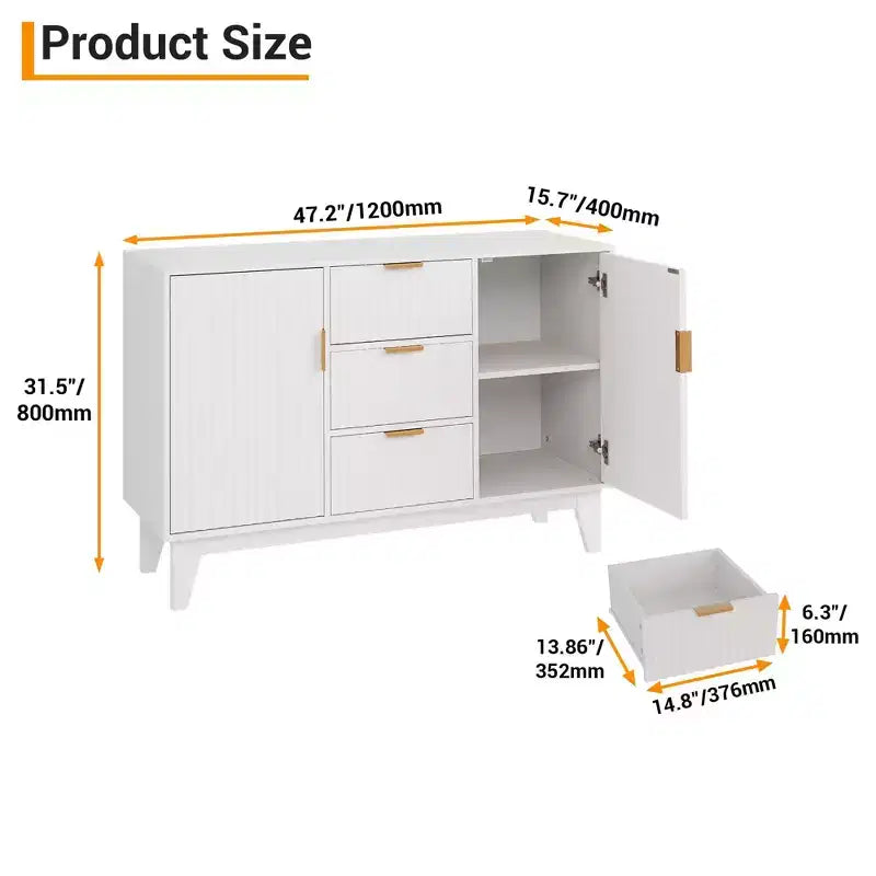 Sideboard mit geriffelter Front, großes Akzent-Kaffeeschrankmöbel, 47.2 Zoll, mit 3 Schubladen und 2 Türen für Küche, Wohnzimmer und Eingangsbereich