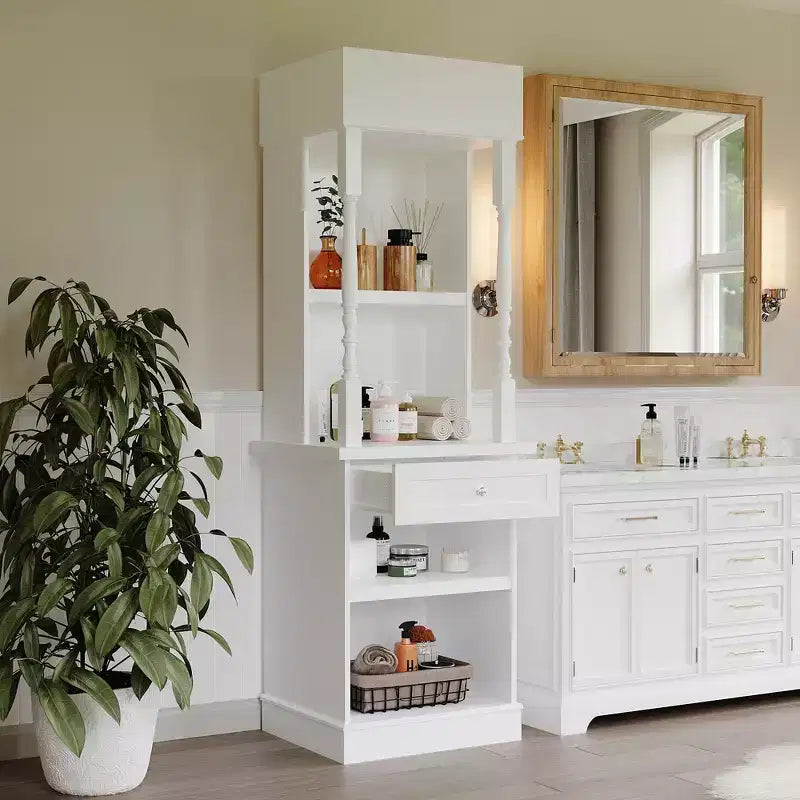 Grande vitrine et meuble de rangement blanc, étagères décoratives et tiroir, polyvalent pour la maison