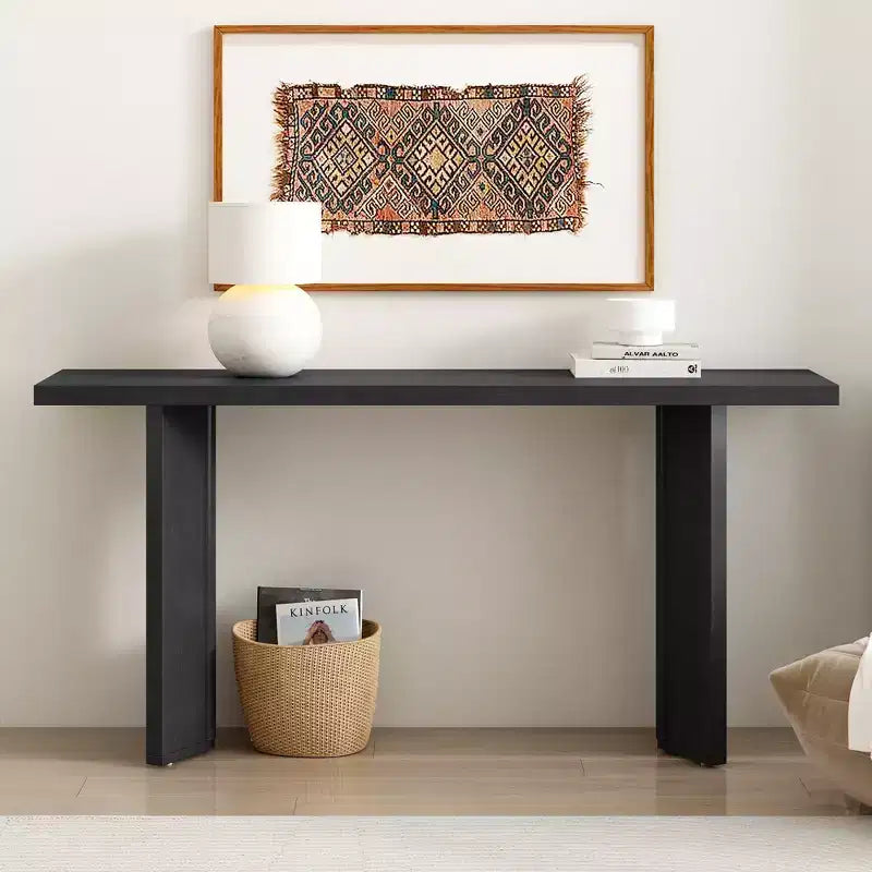 Table console minimaliste en bois avec pieds géométriques, table d’entrée de style champêtre pour le salon et l’entrée
