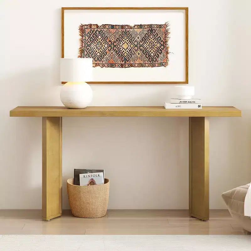 Table console minimaliste en bois avec pieds géométriques, table d’entrée de style champêtre pour le salon et l’entrée