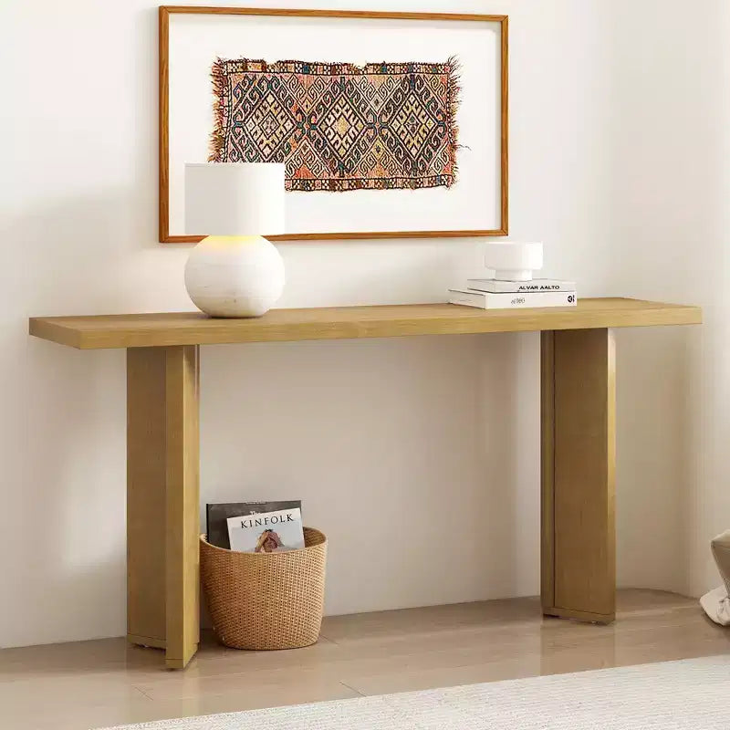 Mesa consola minimalista de madera con patas geométricas, mesa de entrada de estilo rústico para sala de estar y recibidor