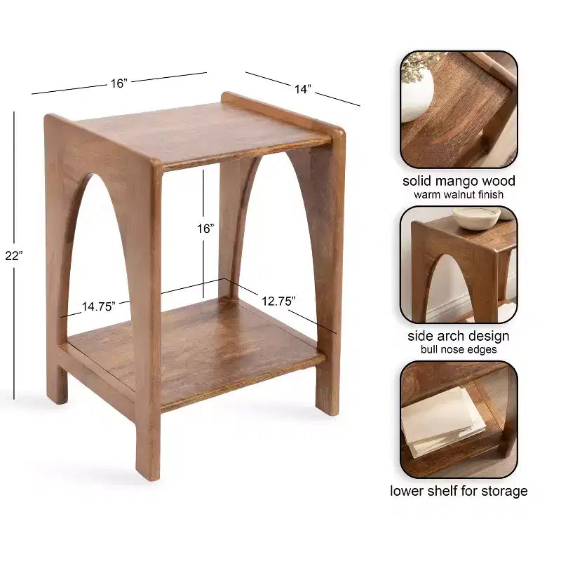 Table d’appoint en bois de style vieilli, 16x14x22, brun noyer