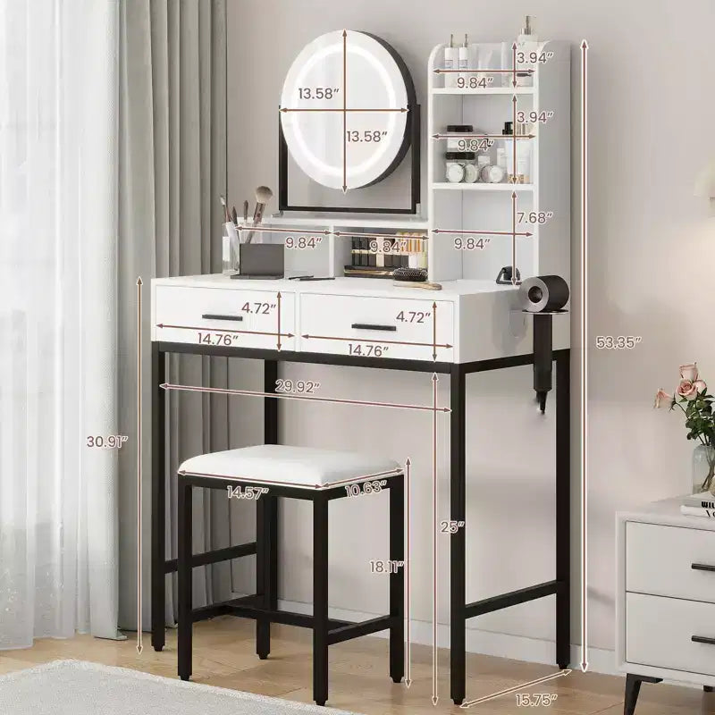 Coiffeuse avec miroir pivotant, miroir réglable, 2 tiroirs, étagères de rangement et tabouret pour la chambre