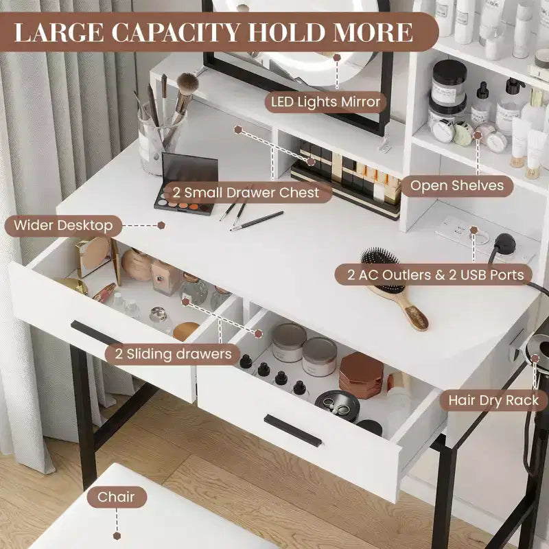 Coiffeuse avec miroir pivotant, miroir réglable, 2 tiroirs, étagères de rangement et tabouret pour la chambre