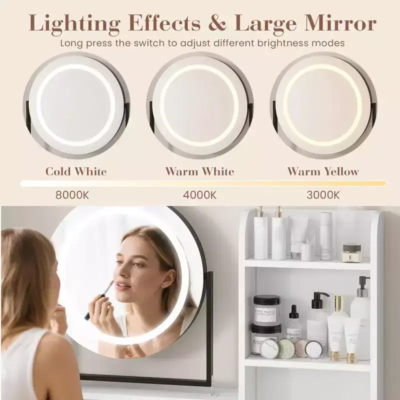 Coiffeuse avec miroir pivotant, miroir réglable, 2 tiroirs, étagères de rangement et tabouret pour la chambre
