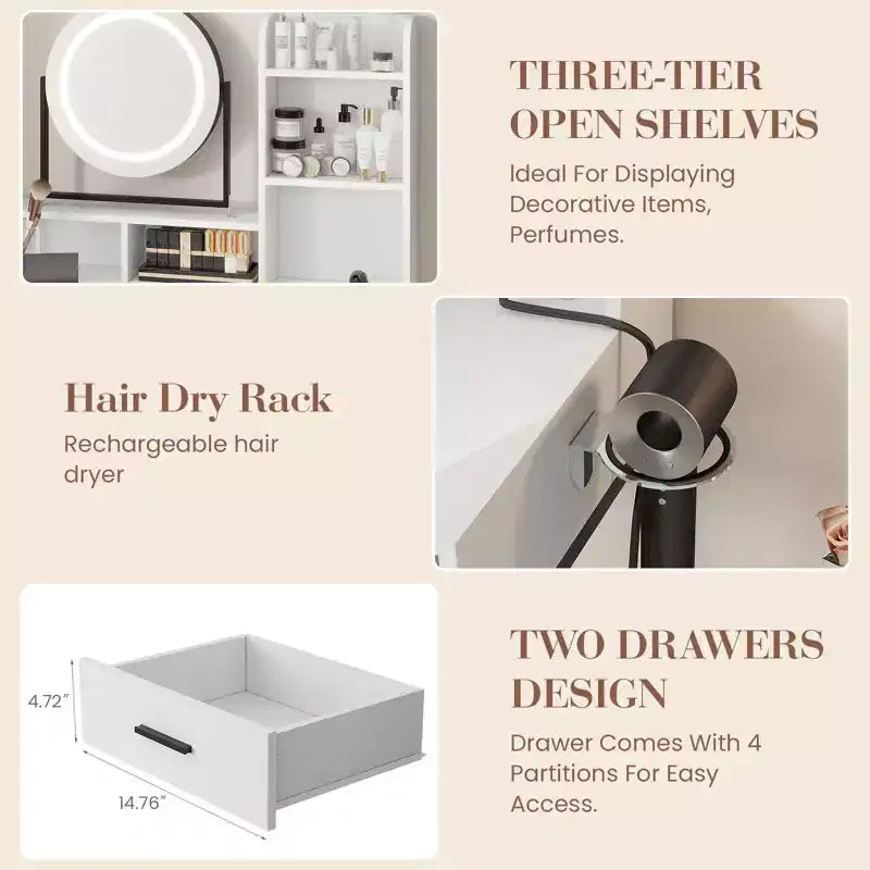 Coiffeuse avec miroir pivotant, miroir réglable, 2 tiroirs, étagères de rangement et tabouret pour la chambre