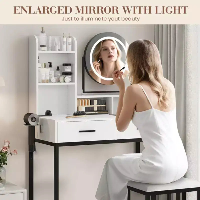 Coiffeuse avec miroir pivotant, miroir réglable, 2 tiroirs, étagères de rangement et tabouret pour la chambre