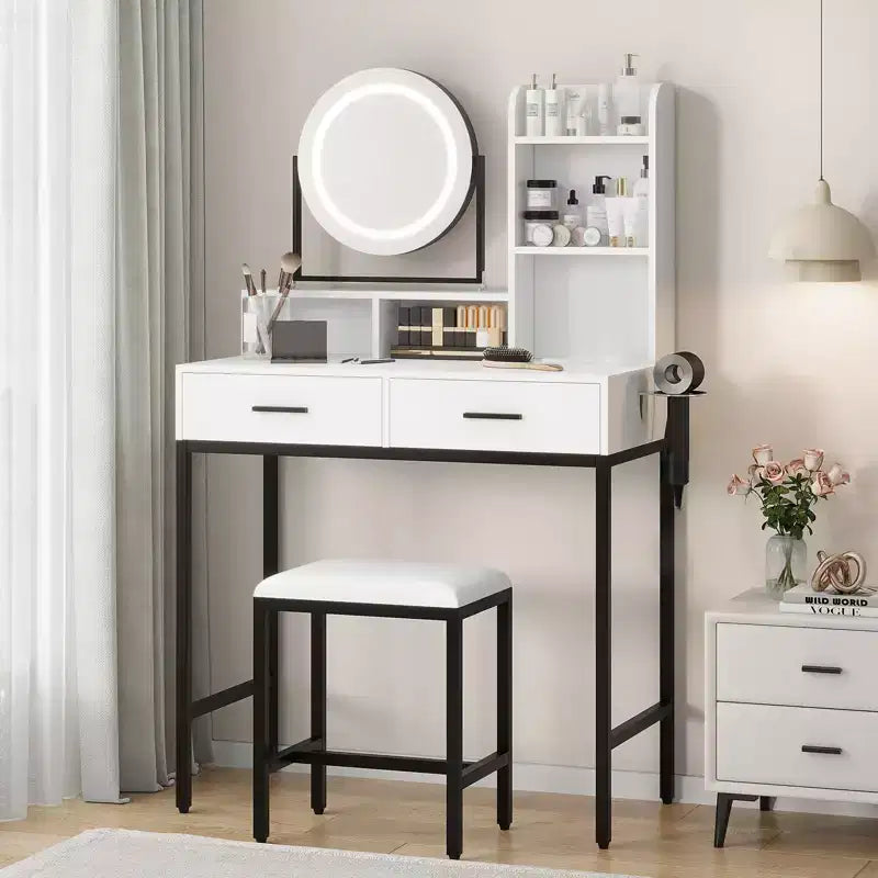 Coiffeuse avec miroir pivotant, miroir réglable, 2 tiroirs, étagères de rangement et tabouret pour la chambre