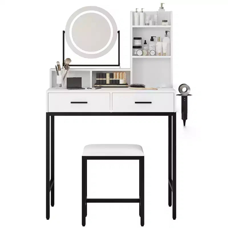 Coiffeuse avec miroir pivotant, miroir réglable, 2 tiroirs, étagères de rangement et tabouret pour la chambre