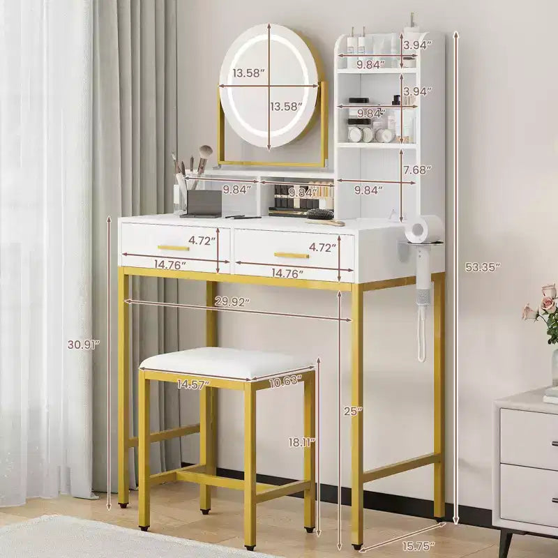 Coiffeuse avec miroir pivotant, miroir réglable, 2 tiroirs, étagères de rangement et tabouret pour la chambre