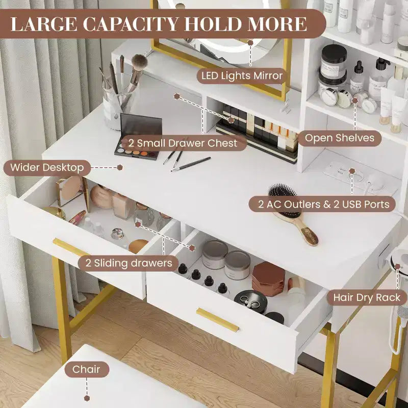Coiffeuse avec miroir pivotant, miroir réglable, 2 tiroirs, étagères de rangement et tabouret pour la chambre
