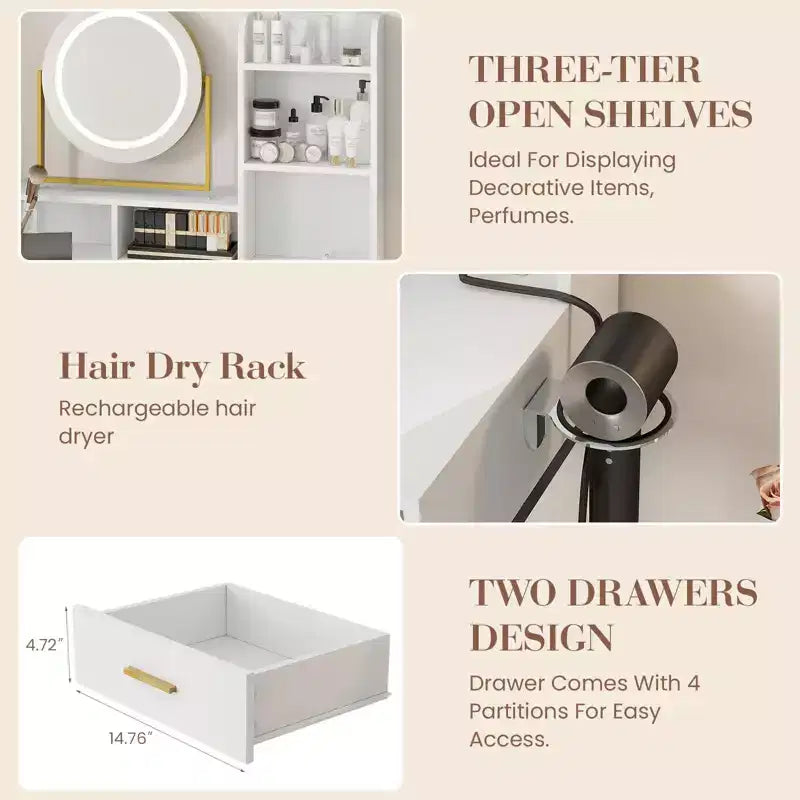 Coiffeuse avec miroir pivotant, miroir réglable, 2 tiroirs, étagères de rangement et tabouret pour la chambre