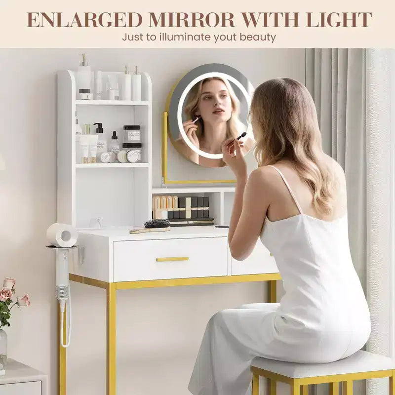 Coiffeuse avec miroir pivotant, miroir réglable, 2 tiroirs, étagères de rangement et tabouret pour la chambre