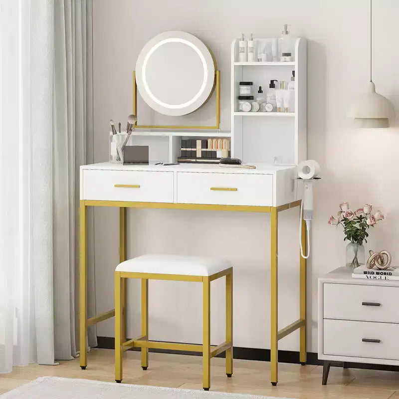 Coiffeuse avec miroir pivotant, miroir réglable, 2 tiroirs, étagères de rangement et tabouret pour la chambre