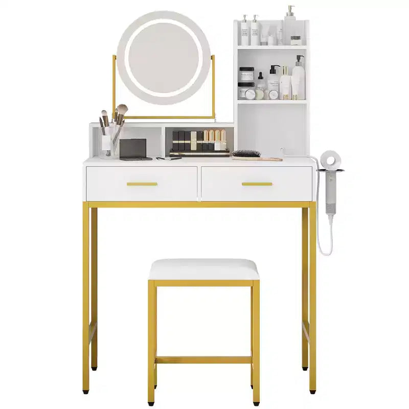 Coiffeuse avec miroir pivotant, miroir réglable, 2 tiroirs, étagères de rangement et tabouret pour la chambre