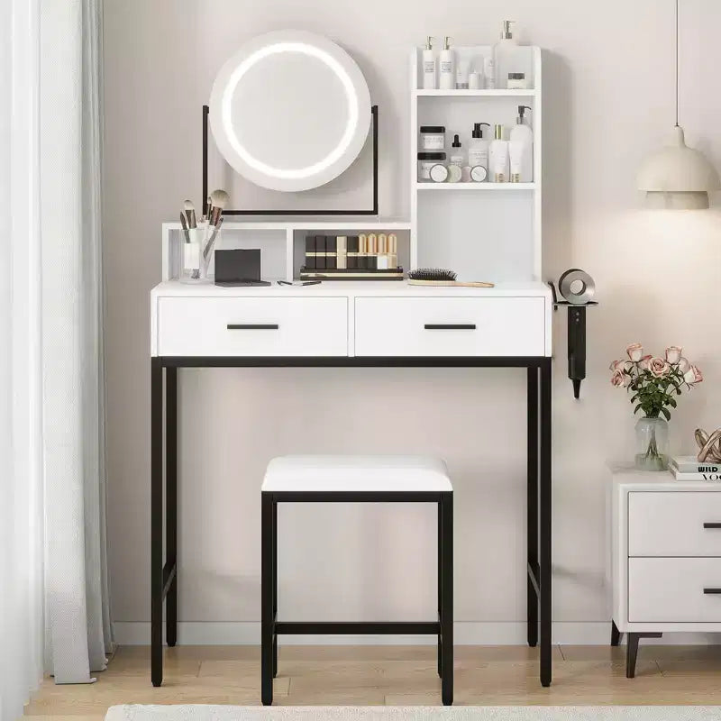 Coiffeuse avec miroir pivotant, miroir réglable, 2 tiroirs, étagères de rangement et tabouret pour la chambre