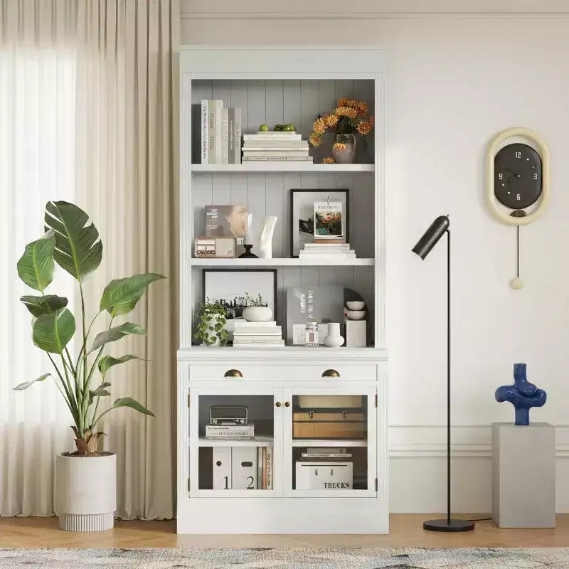 Estantería moderna con 2 puertas de vidrio, estante ajustable y cajón de almacenamiento