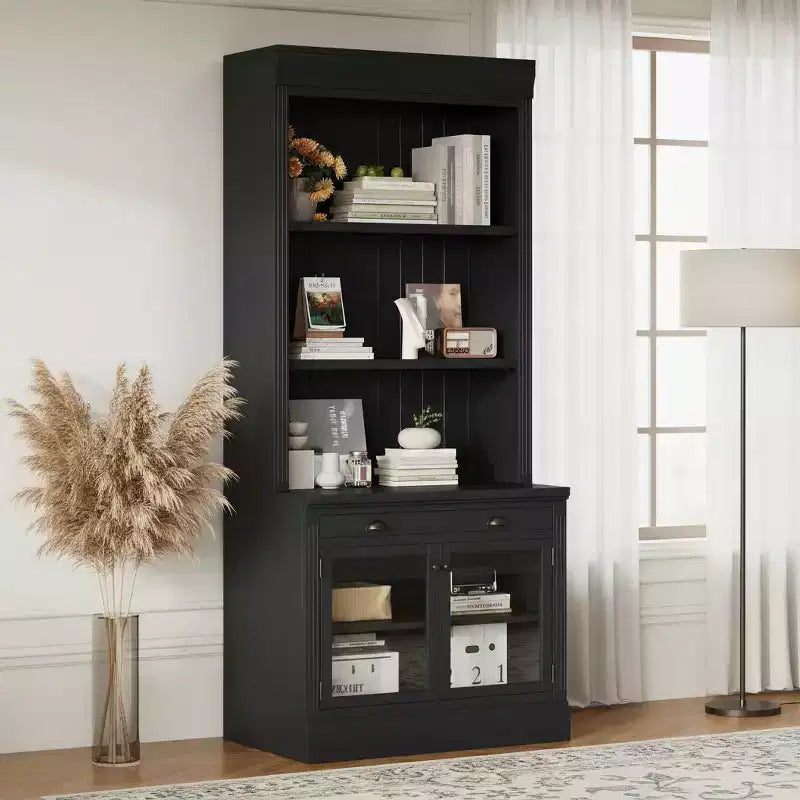 Estantería moderna con 2 puertas de vidrio, estante ajustable y cajón de almacenamiento
