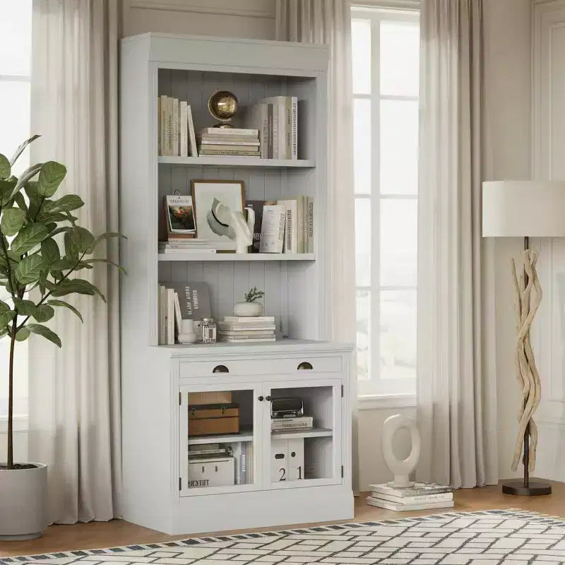 Modernes Bücherregal mit 2 Glastüren, verstellbarem Einlegeboden und Schublade