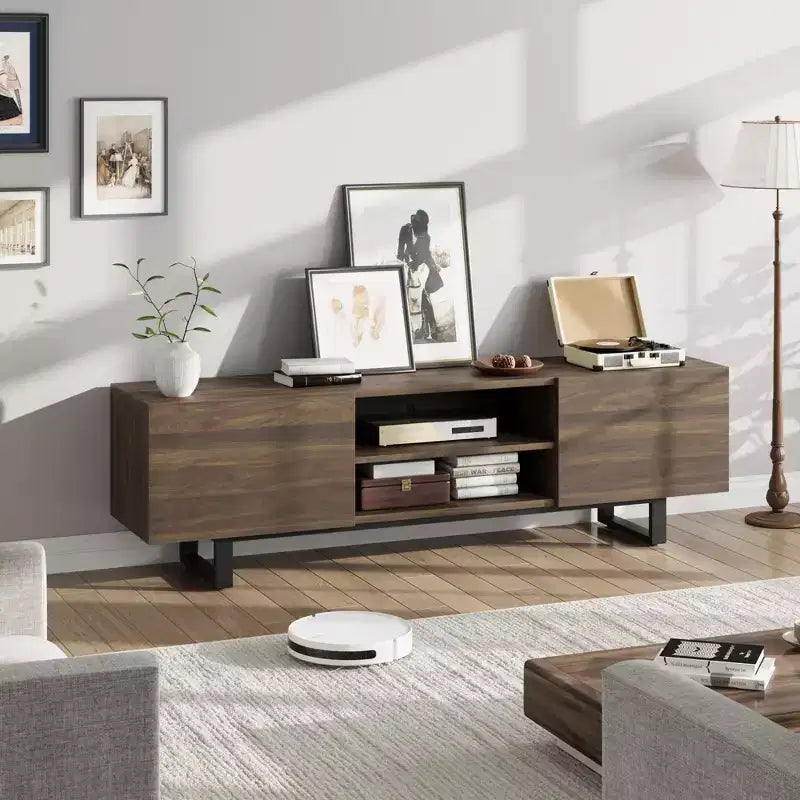 TV-Schrank im Industriestil mit zwei Schubladen, geeignet für 80-Zoll-Fernseher, Medienmöbel aus Holz für Wohnzimmer