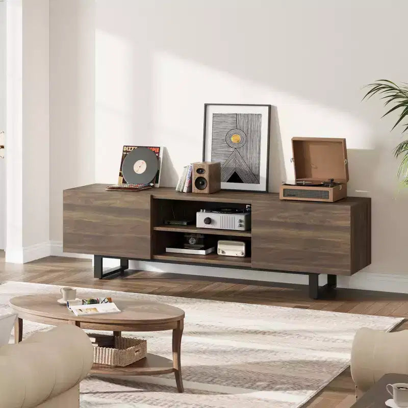 TV-Schrank im Industriestil mit zwei Schubladen, geeignet für 80-Zoll-Fernseher, Medienmöbel aus Holz für Wohnzimmer