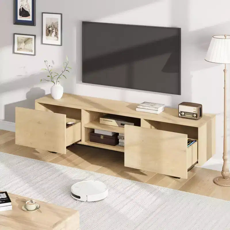 TV-Schrank im Industriestil mit zwei Schubladen, geeignet für 80-Zoll-Fernseher, Medienmöbel aus Holz für Wohnzimmer