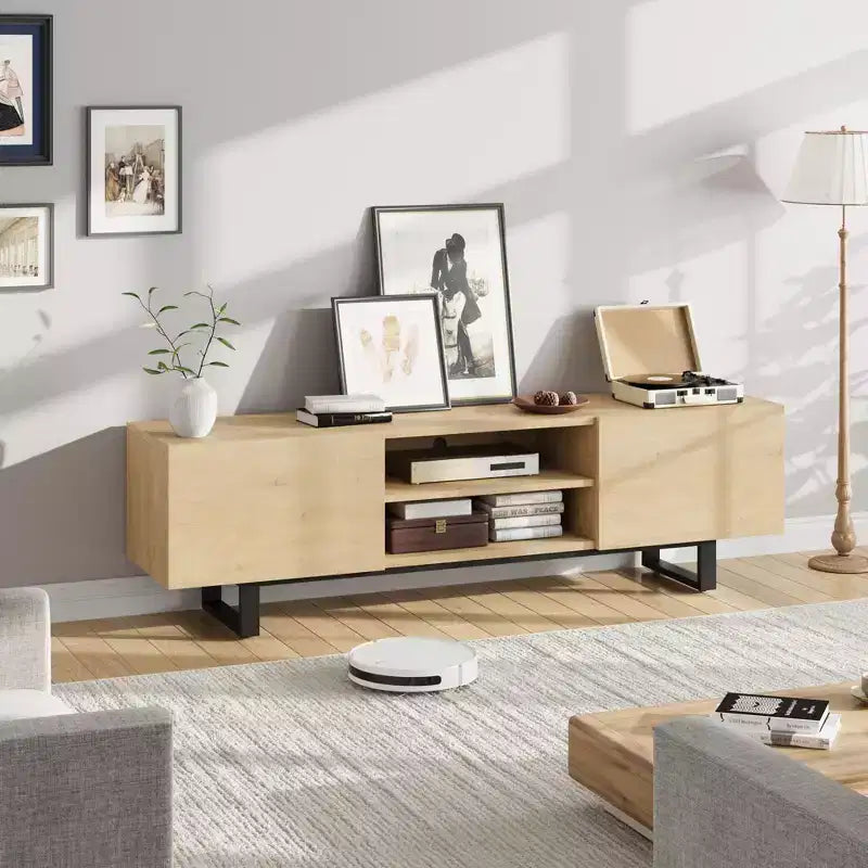 TV-Schrank im Industriestil mit zwei Schubladen, geeignet für 80-Zoll-Fernseher, Medienmöbel aus Holz für Wohnzimmer