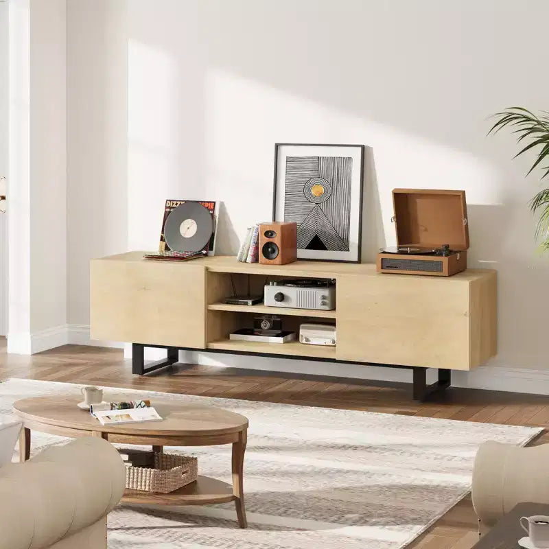 TV-Schrank im Industriestil mit zwei Schubladen, geeignet für 80-Zoll-Fernseher, Medienmöbel aus Holz für Wohnzimmer