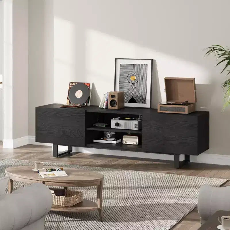 TV-Schrank im Industriestil mit zwei Schubladen, geeignet für 80-Zoll-Fernseher, Medienmöbel aus Holz für Wohnzimmer
