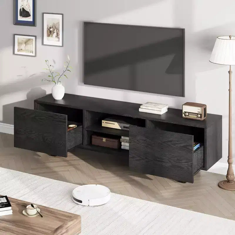 TV-Schrank im Industriestil mit zwei Schubladen, geeignet für 80-Zoll-Fernseher, Medienmöbel aus Holz für Wohnzimmer