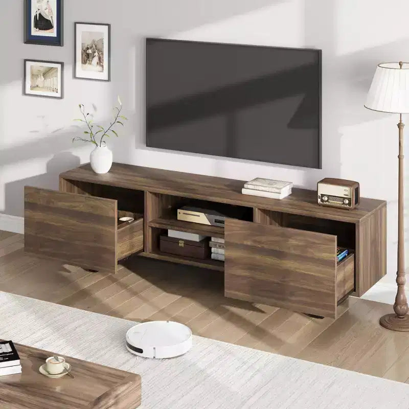 TV-Schrank im Industriestil mit zwei Schubladen, geeignet für 80-Zoll-Fernseher, Medienmöbel aus Holz für Wohnzimmer