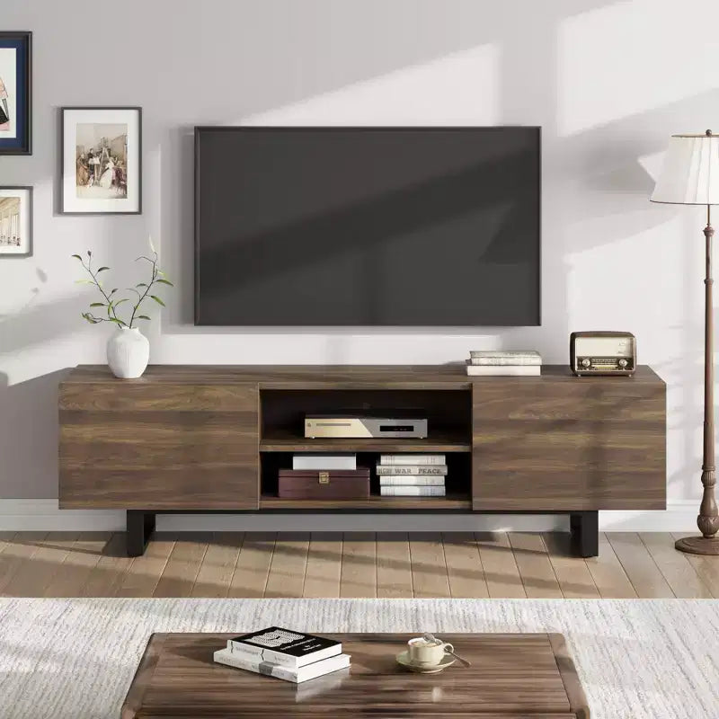 Meuble TV de style industriel avec deux tiroirs, adapté aux téléviseurs de 80 pouces, meuble multimédia en bois pour le salon