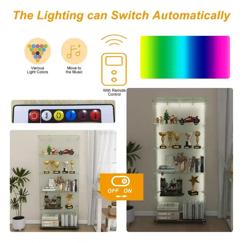 Vitrina rinconera de 63 con puertas de vidrio, vitrinas de cristal con luces y ruedas, vitrinas de 5 niveles