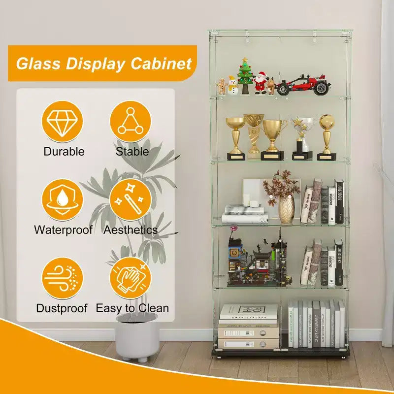 Vitrina rinconera de 63 con puertas de vidrio, vitrinas de cristal con luces y ruedas, vitrinas de 5 niveles