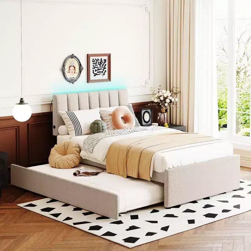 Lit plateforme rembourré pour matelas jumeaux en polaire peluche avec lit gigogne escamotable et lumières LED